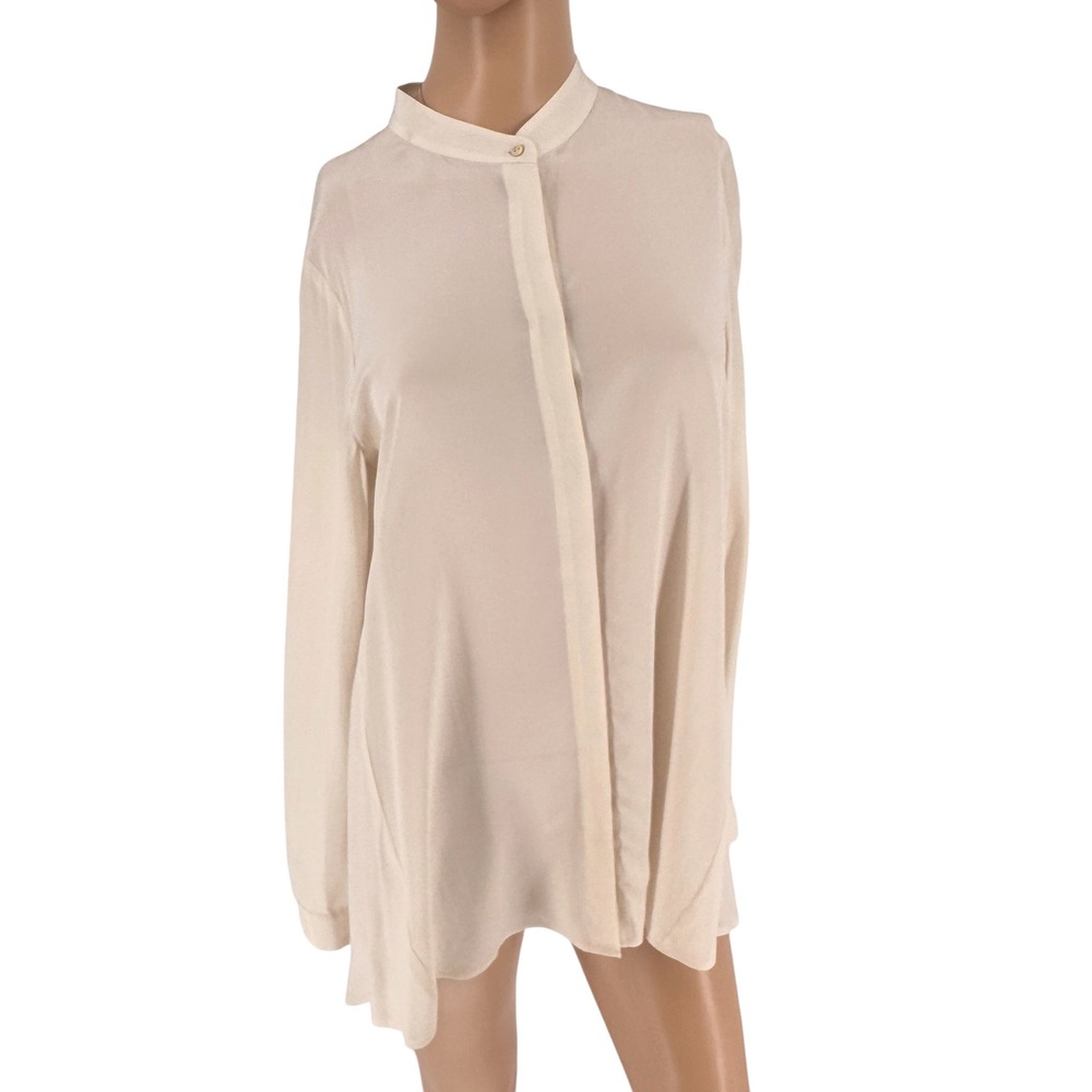 Eileen Fisher Womens XS Cream Silk Crepe Band Collar Long Sleeve Tunic Blouse